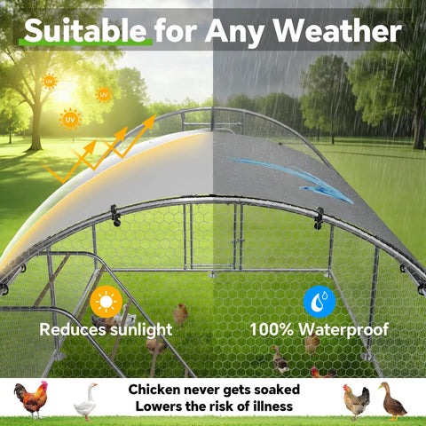 Heavy Duty Metal Chicken Coop With Weatherproof Canopy For Farm And Backyard Use Supporting Chickens Ducks And Rabbits, Rust Resistant Steel Frame, Dome Roof Roosting Perch, 10 Ft Wide By 19.7 Ft Long By 6.4 Ft High in outdoor setting demonstrating UV and rain protection features.