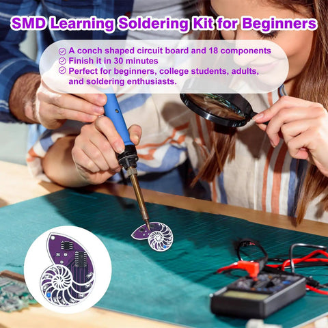 Hands soldering Fun SMD Soldering Practice Kit for Teens and Adults With LED Seashell Conch Flow Lamp Pendant, DIY Electronics Project.