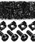 Professional Grade Rack Mount Screws And Cage Nuts Kit With Nylon Washers M6 X 20mm Carbon Steel Hardware showing black cage nuts and screws.
