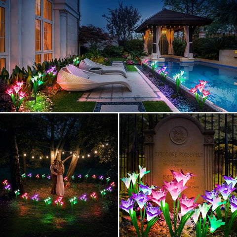 4 Pack Outdoor Solar Lights With Bigger Lily Flower Designs by patio and garden, 7 color changing LEDs illuminating at night