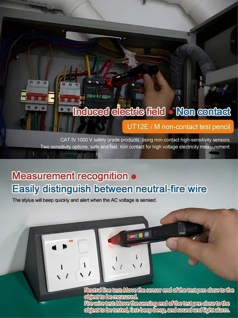 UT12E Non Contact AC Voltage Detector Pencil, Detects 24V to 1000V with Vibration, Audible Beep and Light Alarm, Easy Safety Tester for Cords, Outlets, and Breakers, Ideal for Electricians and DIY Repairs, in electrical panel and outlet use