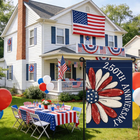 Patriotic 250th Anniversary USA Garden Flag 1776 To 2026 Double Sided Waterproof 12x18 Inch Commemorative Flag in garden setting.