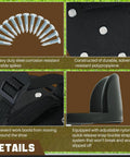 Details of spiked shoes for epoxy floor coating and lawn aeration, showing 26 steel spikes, polypropylene, and adjustable straps.