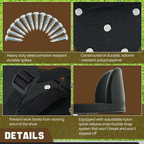 Details of spiked shoes for epoxy floor coating and lawn aeration, showing 26 steel spikes, polypropylene, and adjustable straps.