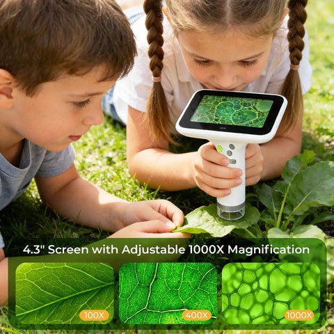 Kid Friendly Digital Microscope With 4.3 Inch LCD Screen, Portable 100x To 1000x Zoom, Rechargeable Battery, Capture Photos And Videos, Great Outdoor Explorer Gift For Boys And Girls, Works With Windows And Mac kids using it on leaves