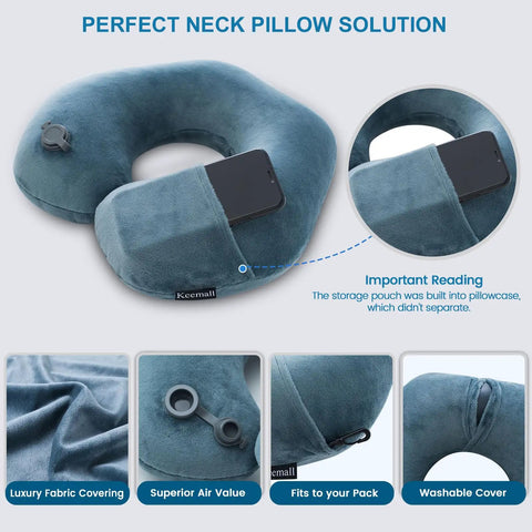 Inflatable Travel Neck Pillow With Washable Pillowcase U Shaped Comfort For Airplane Train And Car Rides shown with smartphone pocket.