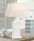 Coastal White Resin Table Lamps Set Of 2 With USB A To C Outlet Modern Nightstand Lamps For Living Room And Bedroom 3 Color Temperature Warm Neutral Cool Bulbs Included, white lamp close-up with dimensions and bulb info shown.