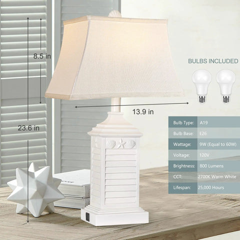 Coastal White Resin Table Lamps Set Of 2 With USB A To C Outlet Modern Nightstand Lamps For Living Room And Bedroom 3 Color Temperature Warm Neutral Cool Bulbs Included, white lamp close-up with dimensions and bulb info shown.