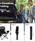 Three-step folding process of heavy-duty folding chairs with built-in cooler, portable and collapsible for outdoor use in black.
