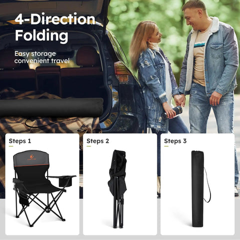 Three-step folding process of heavy-duty folding chairs with built-in cooler, portable and collapsible for outdoor use in black.