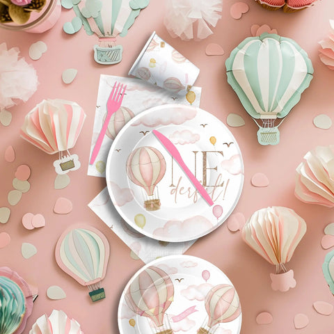 Hot Air Balloon First Birthday Tableware Set For Girls Includes Plates Cups Napkins Disposable Cutlery Serves 24 Whimsical Pink Decor