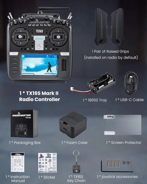 TX16S Mark II ELRS Transmitter 16 Channel 2.4GHz Radio Controller with accessories including grips, tray, and cables