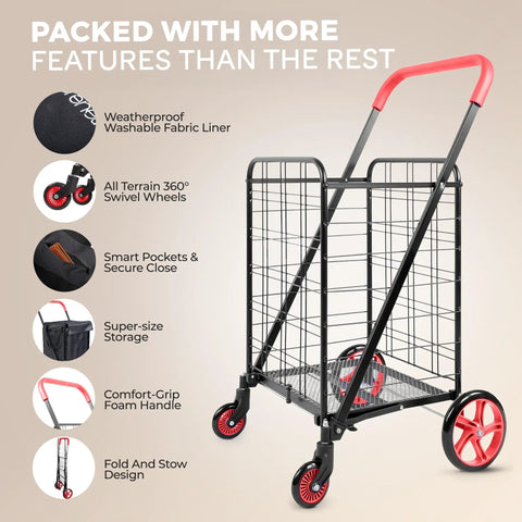 Compact Folding Shopping Cart With Removable Waterproof Liner, 360 Degree Swivel Wheels, Rustproof Steel Frame in red detail view