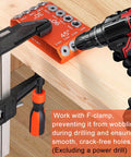 Heavy Duty Aluminum Drill Guide Jig With 30 45 90 Degree Angles Four Size Options Includes 6 Inch F Clamp For Angled And Straight Holes DIY Friendly Portable Cable Railing Drilling Template For Deck Stair And Handrail Projects in use on wood with F clamp and drill