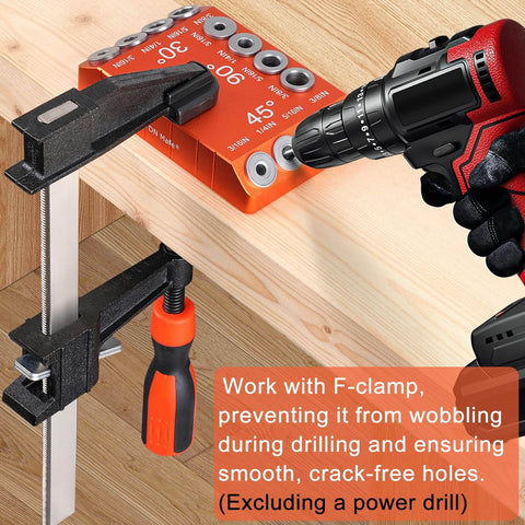 Heavy Duty Aluminum Drill Guide Jig With 30 45 90 Degree Angles Four Size Options Includes 6 Inch F Clamp For Angled And Straight Holes DIY Friendly Portable Cable Railing Drilling Template For Deck Stair And Handrail Projects in use on wood with F clamp and drill
