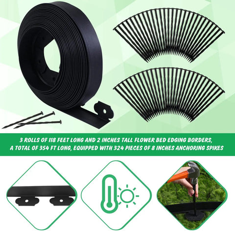 2 Inch Landscape Edging Kit With 3 Rolls Spanning 354 Feet And 324 Anchoring Spikes Flexible Border Edge For Lawn Garden And Flower Bed Landscaping Yard Easy Install No Fuss Black