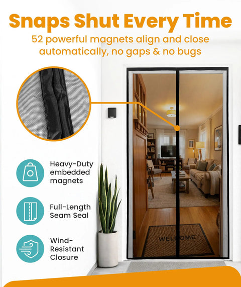 Magnetic Screen Door For Patio Fits 38 By 82 Inches, 52 magnets, heavy duty double stitched mesh sealing a living room entryway.