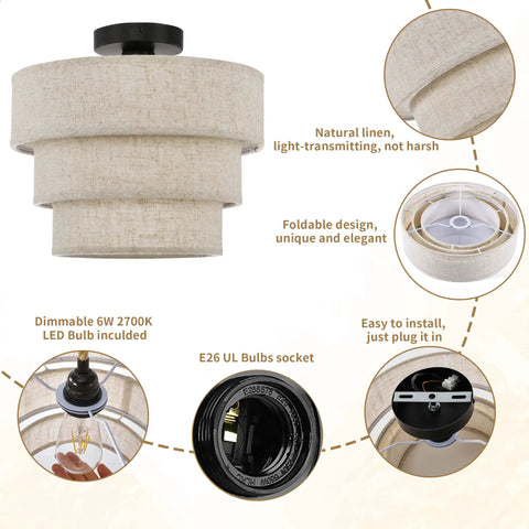 Three Tier Linen Drum Shade Semi Flush Mount Ceiling Light Fixture with bulb and socket detail