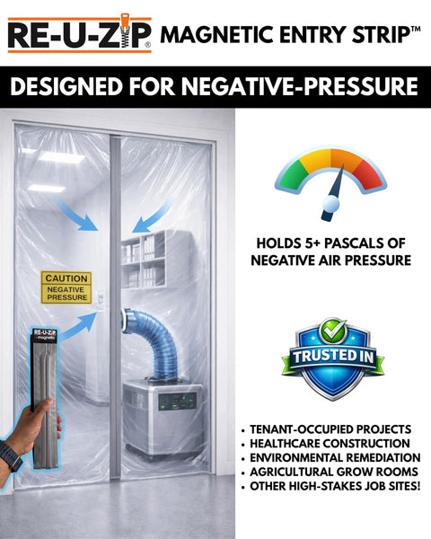 Magnetic Dust Barrier Entry Strip Kit For Plastic Sheeting Hands Free Self Closing Zipper Alternative installed in a doorway