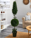 5 Ft Cypress Ball And Cone Silk Tree For Indoor Or Outdoor Use With 1,092 Leaves In A 10 W X 9 H Pot in living room setting
