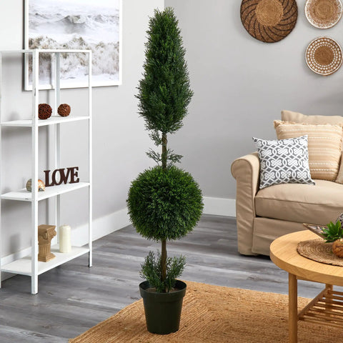 5 Ft Cypress Ball And Cone Silk Tree For Indoor Or Outdoor Use With 1,092 Leaves In A 10 W X 9 H Pot in living room setting