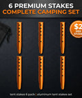 High Visibility Aluminum Tent Stakes 6-Pack, 12.6 Inch U-Shape Sand-Grip, bright orange stakes displayed on black surface