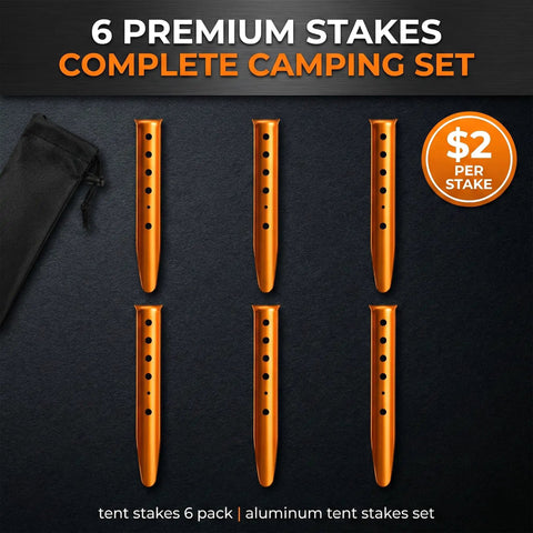 High Visibility Aluminum Tent Stakes 6-Pack, 12.6 Inch U-Shape Sand-Grip, bright orange stakes displayed on black surface