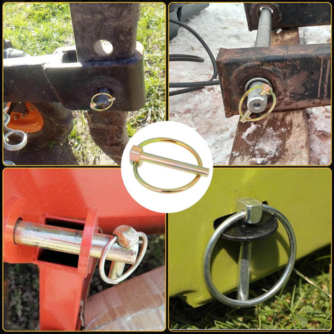 Heavy Duty Linch Pin Assortment Kit With Ring One Quarter Inch Pins Locks For Trailers Gates Couplers Tractors Trucks And Lawn Mowers Round Carbon Steel Linch Pins Lock Pin Clips Four Pack shown in various installed views