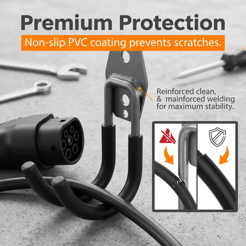 Heavy Duty EV Charger Wall Mount Cuts The Clutter And Secures Charging Cables For Totally Hassle Free Indoor Or Garage Storage Setup Iron J Hook Holder with PVC coating and sturdy design.