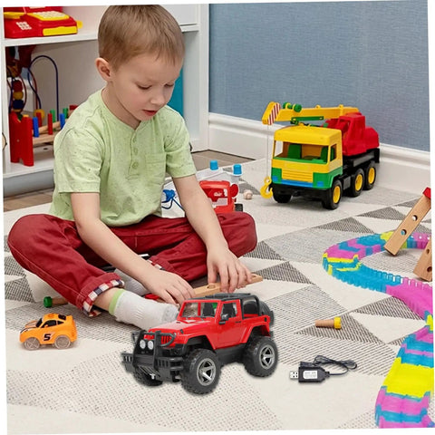 Child playing with RC cars on carpet with USB RC Battery Charger For 4.8V RC Cars With Indicator Light, toys in the background
