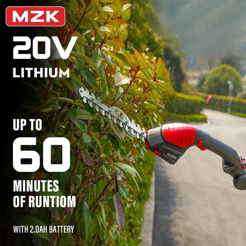 Go-To 2-In-1 Cordless Hedge Trimmer And Grass Shear With Extension Pole cutting tall hedge, 20V power, visible blade.
