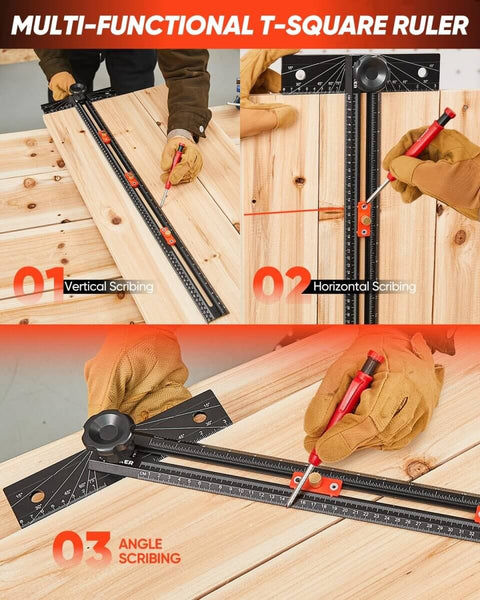 4 In 1 Scriber Marking Line Ruler 29.5 Inch Spliceable Extended T Square For DIY Woodworking shown in use for scribing angles