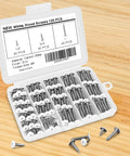 Heavy Duty White Truss Head Wood Screws 120 Piece Pack With Phillips Drive visible in a compartmentalized storage box.
