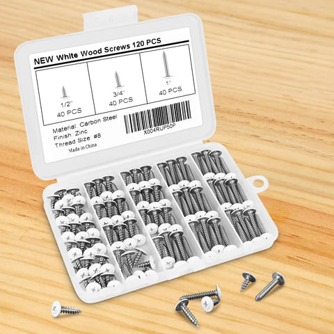Heavy Duty White Truss Head Wood Screws 120 Piece Pack With Phillips Drive visible in a compartmentalized storage box.