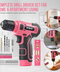 Pink 8V USB Rechargeable Power Drill Driver Kit For Women Cordless Lightweight Electric Drill With Screw Bit Set and Wall Hanging Kit displayed