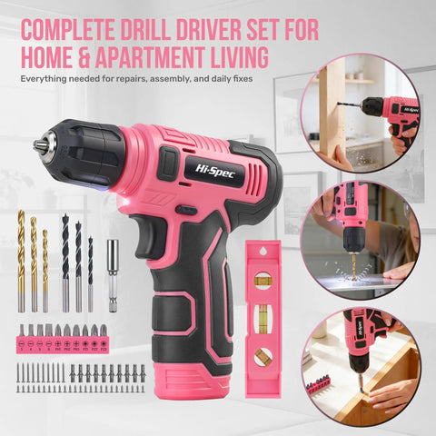 Pink 8V USB Rechargeable Power Drill Driver Kit For Women Cordless Lightweight Electric Drill With Screw Bit Set and Wall Hanging Kit displayed