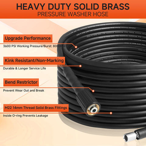Heavy Duty Solid Brass Pressure Washer Hose with M22 14mm Thread Fittings, kink resistant and bend restrictor features.