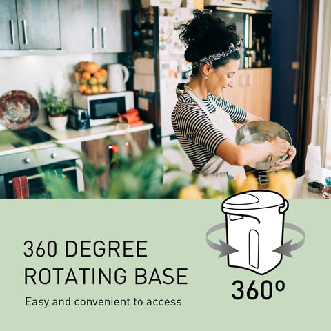 Person in a kitchen making food next to a 360 degree rotating hot water dispenser, highlighting convenience in home settings.
