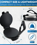 Starblue 10 Inch Electric Roti Maker With Non Stick Plates And Removable Handle Plus Free Roti Warmer showing compact design with dimensions.
