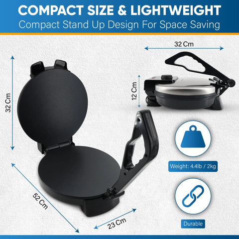 Starblue 10 Inch Electric Roti Maker With Non Stick Plates And Removable Handle Plus Free Roti Warmer showing compact design with dimensions.