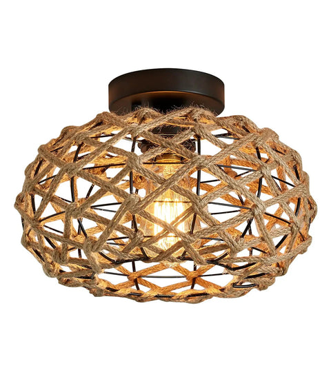 Dope Boho Semi Flush Mount Ceiling Light With Woven Hemp Rope Cage And Rattan Wicker Rustic Charm, Perfect For Bedroom Hallway Kitchen Nursery Closet