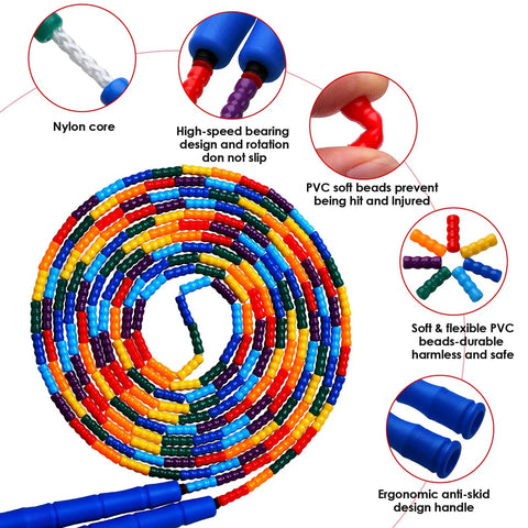 Colorful beaded design of Double Dutch Jump Rope Set 16.4 Ft 2 Pack With Beaded Plastic DIY Segmented Rope Long Enough For 5 To 6 Jumpers