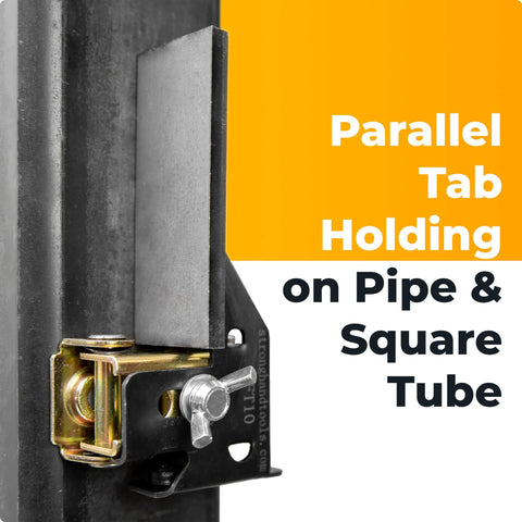 Side view of an adjustable magnetic tab holder mounted on a square tube; vertical/horizontal tab holding, 18 lb pull.