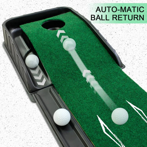 Indoor Golf Putting Mat With Ball Return For Home Office Practice Realistic True Roll Green Surface with balls in motion