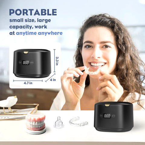 Heavy Duty Ultrasonic Retainer Cleaner Featuring 30 Watt Deep Clean Tech And Roomy Water Tank for portable cleaning of dental items.