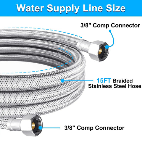 15 Ft Premium Stainless Steel Braided Dishwasher Hose Kit With Food Grade PEX Inner Tube, 3/8 In X 3/8 In MIP Elbow And 3/8 In X 3/4 In FHT Elbow, DIY Friendly Water Supply Line, Leak Proof, Compatible With Bosch, Samsung, GE, LG