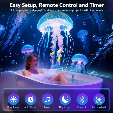 Woman in bathtub with 3D Galaxy Projector With 60 Scenes And Adjustable Focus displaying jellyfish ceiling projection.