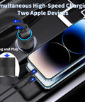 MFi Certified Dual USB Car Charger With 12W Fast Charge, Cigarette Lighter Power Adapter in use with iPhone on dashboard