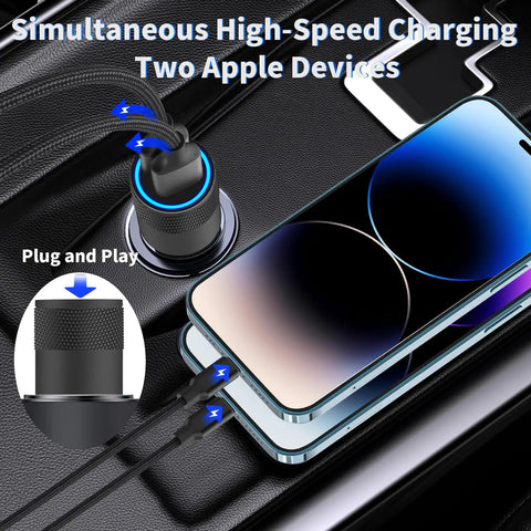 MFi Certified Dual USB Car Charger With 12W Fast Charge, Cigarette Lighter Power Adapter in use with iPhone on dashboard