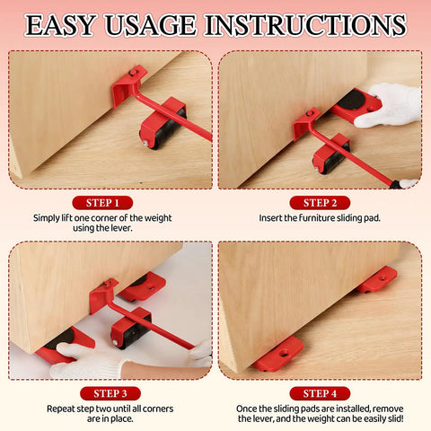 Instructions showing use of Heavy Duty Furniture Lift Mover Tool Set With Wheels For Easy Movement of heavy items on hard floors.